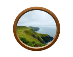 A view of the ocean through a round window png