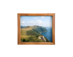 A picture frame with a view of the ocean and mountains png
