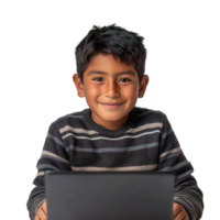 Latin American Boy Using Laptop for Online Learning on transparent background png