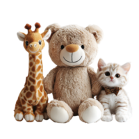 Cute Teddy Bear Giraffe and Cat Toy on White Background for Children's Playtime on transparent background png