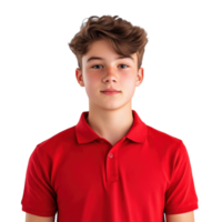 Teenage Boy in Red Polo T-Shirt on White Background for Portrait and Editorial Use on transparent background png