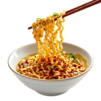 Floating Pair of Chopsticks Holding Noodles on transparent background. png