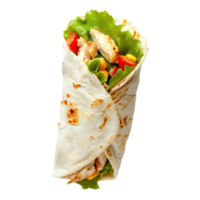a wrap with chicken, vegetables and lettuce on it png
