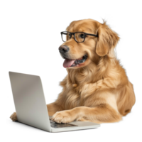 dog wearing glasses using laptop isolate on transparency background png