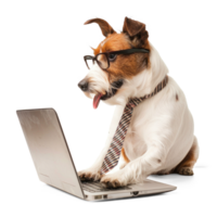 dog wearing glasses and tie using laptop, full body standing isolate on transparency background png