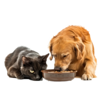 Dog and cat eating full with same bowl isolate on white background png