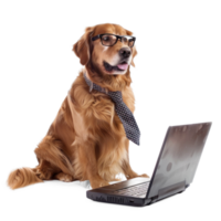 dog wearing glasses and tie using laptop, full body standing isolate on transparent background png