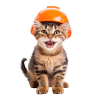 Smiling cat wearing construction helmet, full body isolate on transparent background png