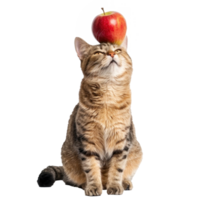 Smiling cat looking at apple on his head, full body standing isolate on white background png