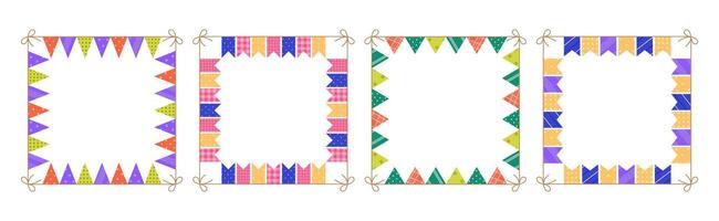 Square frames set made from holiday garlands with different patterns. Border with colofrul bunting and flags. Template for banner, greeting card. Flat illustration isolated on white background vector