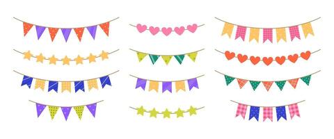 Festive garlands with different patterns. Colorful bunting and flags for holiday, anniversary, Birthday party. Carnival decoration set. Flat illustration isolated on white background vector
