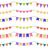 Seamless pattern with festive garlands with different patterns on white background. Colorful bunting and flags for holiday, Birthday party. Flat illustration for wallpaper, textile, packaging vector