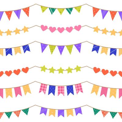 Seamless pattern with festive garlands with different patterns on white background. Colorful bunting and flags for holiday, Birthday party. Flat illustration for wallpaper, textile, packaging