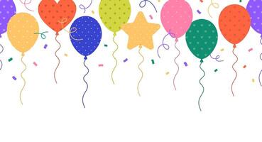 Horizontal frame with balloons, serpentine and confetti. Background with colorful flying baloons. Holiday design. Template for banner, greeting card. Flat illustration on white background vector