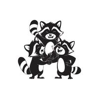 Three raccoons standing together smiling and hugging each other vector