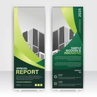 Two vertical banners display a modern annual report design featuring abstract shapes and the title. Key information highlights services and a creative concept for 2025. vector
