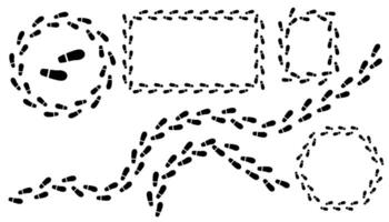 Black Footprint Frames and Trails. Walking Marks Set. Round and Square Frames. Footsteps Border. vector