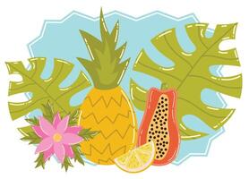 Cartoon summer still life with tropic fruits, Monstera leaves and flower. Blue frame. Pineapple and papaya. vector