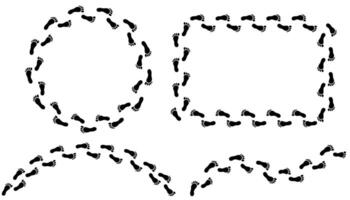 Black barefoot print frames and paths. Walking marks set. Round and square frames. vector