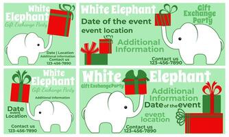 White elephant party, set of square cards and horizontal invitation designs in red and green colors vector
