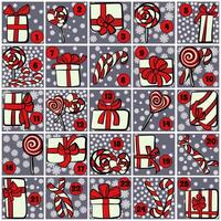 Bright advent calendar with gifts and sweets in red and gray shades, design for gift wrapping or daily game for Christmas vector