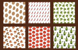 Set of seamless food and vegetable patterns. Doodle cartoon food patterns. vector