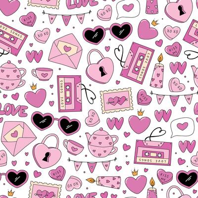 Valentines day seamless pattern with cute doodles, cartoon elements for digital paper, scrapbooking, stationery, wallpaper, wrapping paper, textile prints, etc. EPS 10
