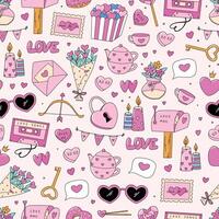 Valentine's day seamless pattern with cute doodles, cartoon elements for wallpaper, backgrounds, digital paper, scrapbooking, stationery, wrapping paper, textile prints, etc. EPS 10 vector