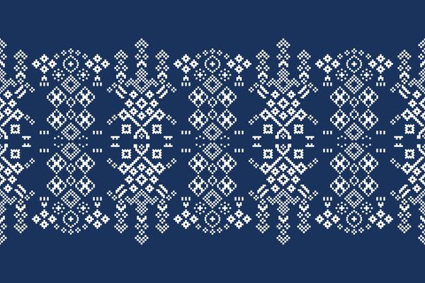Ethnic pattern motif blue color background with fabric pattern decoration pixel art wallpaper.