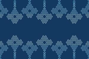 Fabric pattern cross stitch motif blue backgroubd ethnic pattern pixel art. vector