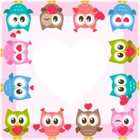 Frame with cute owls and red hearts vector