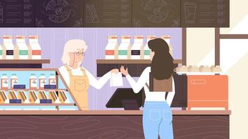 Cafe Scene with Customer and Barista in Minimal Art Style vector