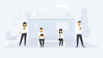 People Engaged with Technology at a Modern Bus Stop Setting vector