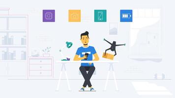Tech Enthusiast Exploring Innovation in a Stylish Workspace Illustration vector