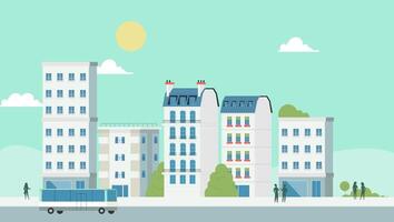 Charming Urban Cityscape with Buildings, Bus, and Minimalist Design Elements vector
