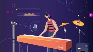 Female Musician Playing Keyboard in Modern Studio with Vibrant Abstract Design vector