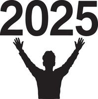Person Celebrating the New Year 2025, Silhouette of a person with arms raised, celebrating the new year 2025. vector