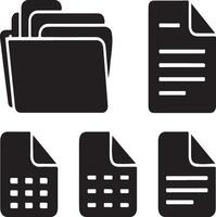 Simple Black and White File Folders and Documents Icons, A set of black and white icons depicting file folders, documents, and spreadsheets. vector