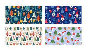 Set of New Year or Christmas cute seamless patterns with festive winter elements. vector