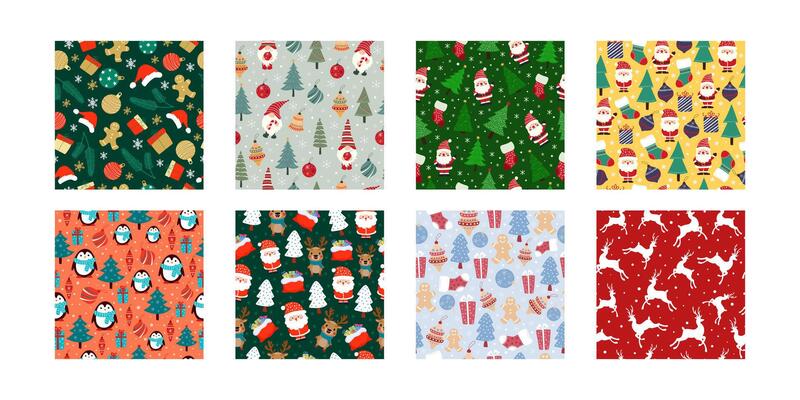 Set of New Year and Christmas seamless patterns with festive winter elements.