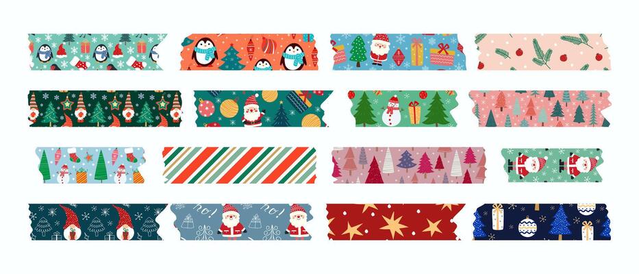 Christmas washi tapes, template set with winter elements. Digital adhesive tape for scrapbooking, printing, web design.