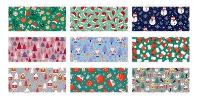 Set of New Year or Christmas seamless patterns with festive winter elements. vector