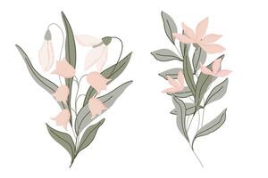 Elegant botanical flat illustration with soft green leaves and pastel pink flowers, lilies of the valley and snowdrops. Minimalist design with a muted color palette, perfect for spring decor vector