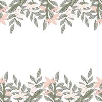 Elegant seamless border with botanical flat illustration of green leaves and pastel pink flowers, lilies of the valley and snowdrops. Minimalist design with a muted color palette, for spring decor vector