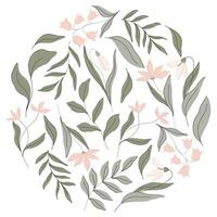 Elegant botanical round flat illustration with soft green leaves and pastel pink flowers, lilies of the valley and snowdrops. Minimalist design with a muted color palette, perfect for spring decor vector
