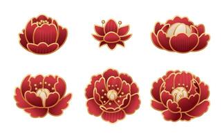 Luxury red peonies with gold edging. Design element for Chinese New Year. Beautiful oriental flowers on a white background. vector