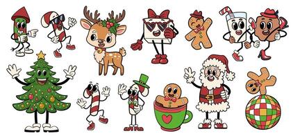 Groovy Christmas characters. Santa, Christmas tree, reindeer, gingerbread men and other characters in cool hipster style, dynamic poses and funny expressions. White background. vector