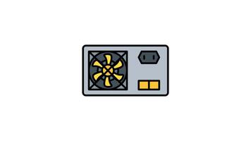 Animated power supply unit with yellow fan, power outlet, and two buttons. Suitable for technology and electronics related designs and concepts video