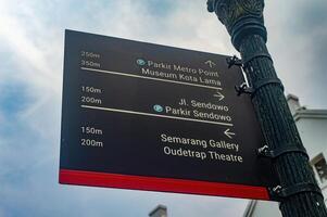 A directional signpost in Semarang points to local attractions and parking areas, including Parkir Metro Point and Museum Kota Lama, Indonesia, 16 November 2024. photo