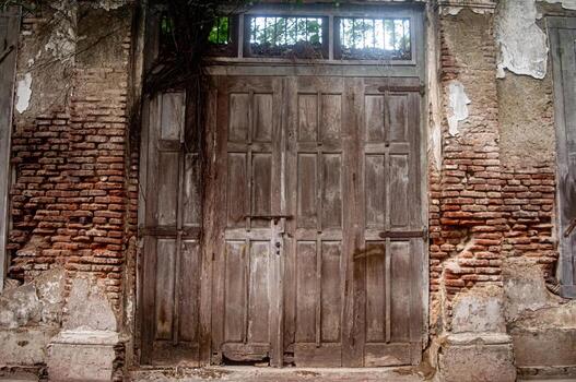 An old, weathered wooden door with intricate panels set in a crumbling brick wall, partially covered by vines photo